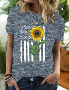 Detailed view of heather grey short sleeve t-shirt with American flag sunflower graphic.