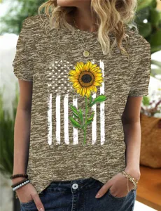 Heather gray short sleeve t-shirt featuring vintage American flag and sunflower print.