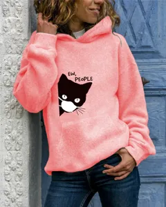 Women's Long Sleeve Hooded Sweatshirt Casual Cute Cat Print Pullover Pink Hoodie Top