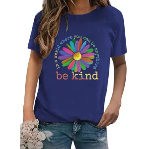 Women short sleeve t-shirt casual top with colorful daisy print and inspiring quote design.