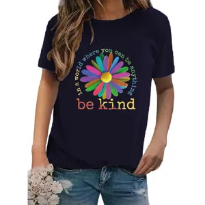 Women's casual navy blue short sleeve t-shirt with colorful daisy graphic print tee top.