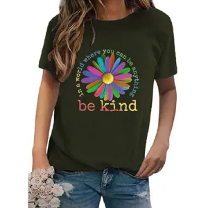 Casual women's dark green short-sleeve T-shirt with colorful daisy graphic print main
