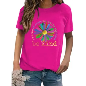 Women casual round neck short sleeve bright pink t-shirt with colorful daisy print.