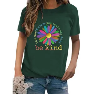 Women short sleeve t-shirt featuring colorful daisy graphic and inspirational quote.