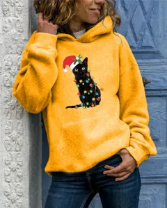Women yellow long sleeve hooded sweatshirt featuring a cute Christmas black cat print design.