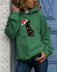 Women's green long sleeve Christmas black cat graphic print pullover hoodie top