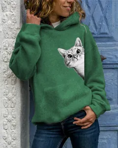 Women's green long sleeve hooded sweatshirt featuring a cute cat graphic print, casual pullover.