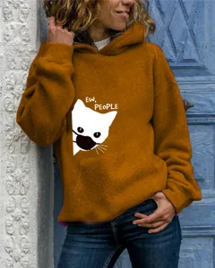Vista dettagliata felpa con cappuccio donna manica lunga con stampa gatto carina e vestibilità.