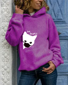Felpa con cappuccio donna manica lunga viola pullover casual con stampa gatto divertente