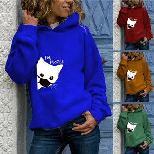 Felpa con Cappuccio da Donna Casual in Poliestere a Maniche Lunghe Ew People Gatto Stampa Grafica Streetwear con Tasca