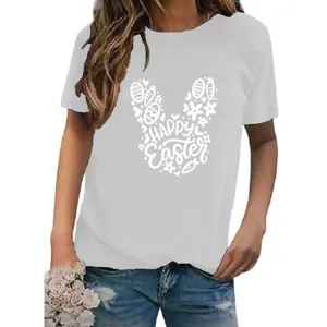 Women round neck short sleeve t-shirt with easter bunny graphic print casual tee top for summer.