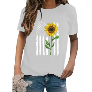 Detailed view of the casual grey short sleeve t-shirt featuring a sunflower and flag graphic print.