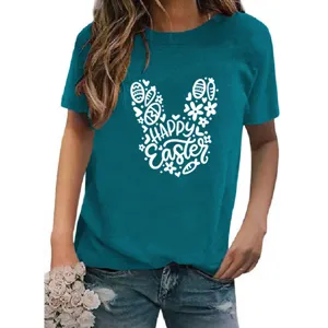 Details of the women casual round neck short sleeve tee featuring festive Easter bunny graphic.