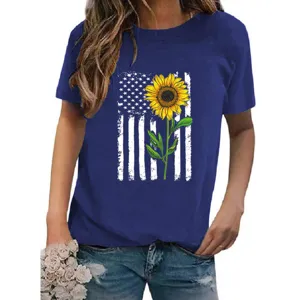 Women's casual dark blue short sleeve t-shirt featuring a stylish sunflower and flag print.