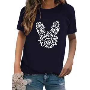 Women round neck short sleeve graphic tee casual Easter bunny rabbit print t-shirt top