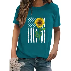 Dark teal short sleeve t-shirt featuring an American flag sunflower graphic print detail.