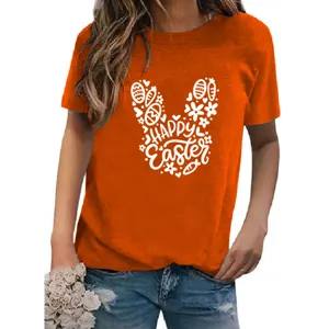 Women casual orange short sleeve t-shirt with easter bunny graphic print top round neck