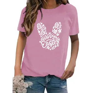 Women's pink short sleeve t-shirt with cute Easter bunny graphic print casual top.