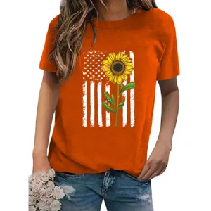 Women's orange short sleeve t-shirt featuring a vintage sunflower and US flag graphic print detail.