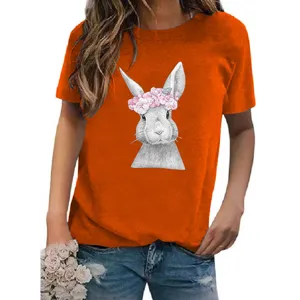 Oranger Damen Kurzarm T-Shirt mit süßem grauen Hasen Grafikdruck, lässiges Sommer-Oberteil.