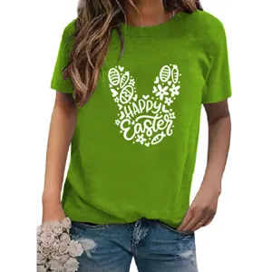 Detailed view of the green short-sleeve t-shirt featuring festive easter bunny graphic print.