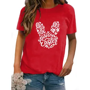 Red short sleeve t-shirt featuring a cute Easter bunny graphic print. Detail view.