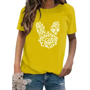 Women casual yellow t-shirt with easter bunny graphic short sleeve round neck top apparel