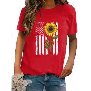Women's Short Sleeve T-Shirt Sunflower American Flag Print Casual Summer Red Top Apparel