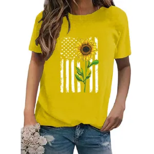 Women yellow short sleeve t-shirt with American flag sunflower graphic casual crewneck top