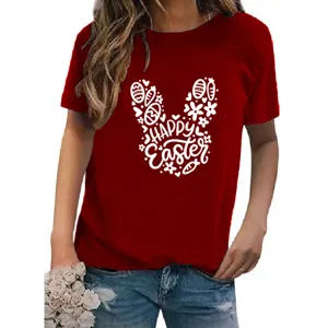 Detailed view of women's red short sleeve T-shirt featuring a cute Easter bunny graphic and text.