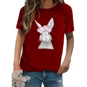 Damen Lässiges Rundhals Kurzarm T-Shirt mit süßem Kaninchen Blumen Grafik Druck Top