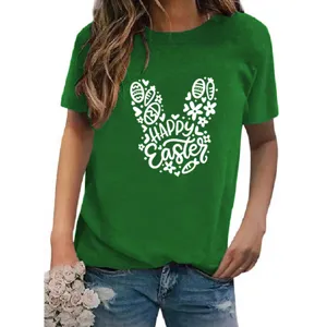 Close up detail of the green short sleeve tee with cute Easter bunny graphic and festive text.