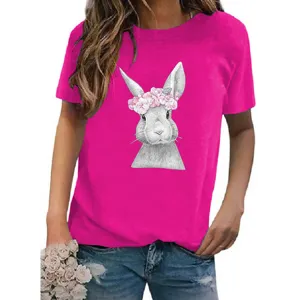 Damen hot pink Kurzarm T-Shirt mit süßem Hasen Blumenkranz Grafikdruck lässiges Oberteil.