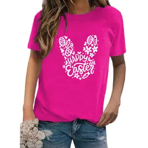 Hot pink short sleeve women's t-shirt detail showing a cute white Easter bunny print graphic.