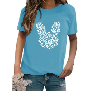 Detailed view of casual light blue short sleeve t-shirt featuring cute Easter bunny graphic print.