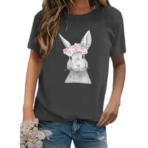 Damen graues T-Shirt Kurzarm niedlicher Hase Blumenkranz Grafik Freizeit Top Mode