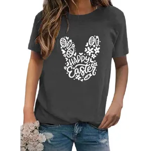 Casual women's dark grey short sleeve t-shirt featuring a cute Easter bunny graphic print.