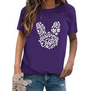 Purple Easter bunny graphic short sleeve t-shirt, festive holiday apparel detail view.