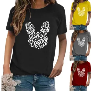 Women Happy Easter T-Shirt Polyester Round Neck Short Sleeve Bunny Ear Graphic Print Casual Top For Easter Party Women Clothes