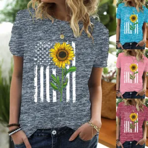Women Casual Sunflower American Flag Print T-Shirt Round Neck Short Sleeve Polyester Heather T-Shirt Summer Women Top