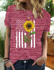 Women's heather red short sleeve t-shirt featuring a stylish American flag sunflower print.