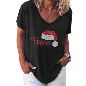 Black V-neck short sleeve t-shirt for women with Christmas hat and believe print graphic top.