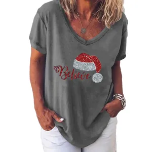 Detailed view of women casual V-neck short sleeve t-shirt with festive Christmas hat print.