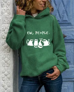 Felpa con cappuccio verde da donna a maniche lunghe con grafica di gatto e stampa divertente.