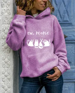 Felpa con cappuccio a maniche lunghe da donna con stampa gatto e lettere top casual