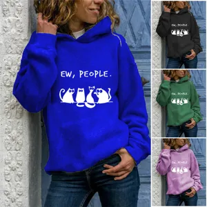 Felpa da Donna Casual a Maniche Lunghe Con Cappuccio Stampa Animale Gatto Ew People Pullover In Poliestere Top Con Tasca