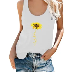 Summer casual women white sleeveless tank top with cute sunflower bee print and letter design.