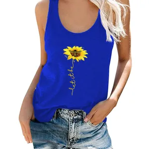 Women casual sleeveless blue tank top featuring sunflower bee print and letter design detail.