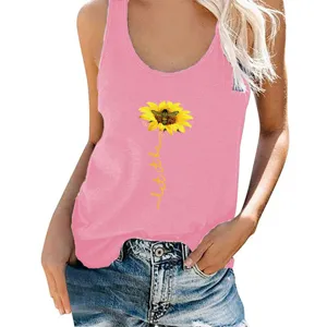 Close-up detail of women pink sleeveless tank top featuring cute sunflower and bee graphic print.