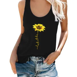 Women casual summer sleeveless tank top with cute sunflower bee print design fashionable black tee